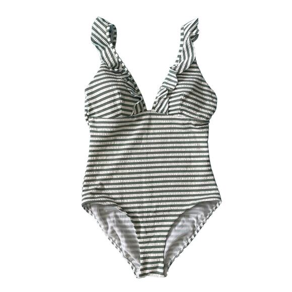 SEA LEVEL CAPRI FRILL ONE PIECE IN KHAKI Striped Swimsuit Women’s Size 10 - Picture 3 of 8